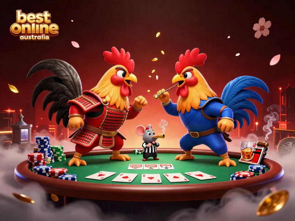 Experience intense showdowns at the best online casinos Australia with dynamic cartoon rooster characters.