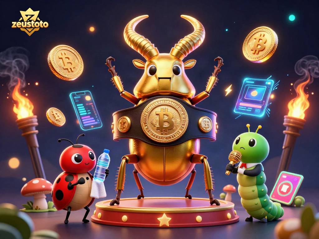 Experience zeustoto's thrilling action with vibrant casino characters and crypto elements in this illustration.