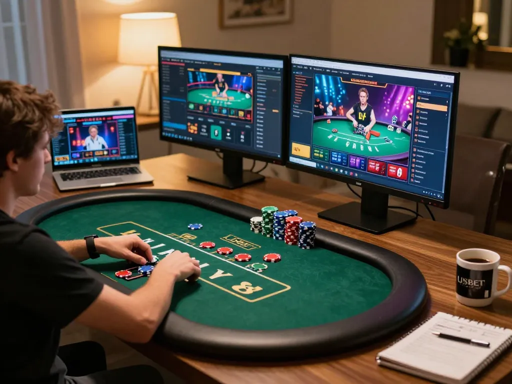 Experience exciting USBET online poker action with players engaged at a vibrant virtual table