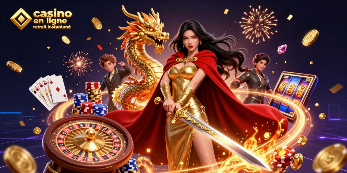 Participez à un casino en ligne retrait instantané avec une illustration 3D époustouflante mettant en avant une reine guerrière et un dragon doré.