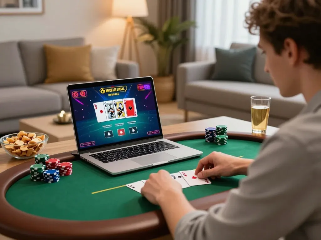 Engaging poker session at home with fly888, showcasing vibrant cards on laptop screen and cozy atmosphere.