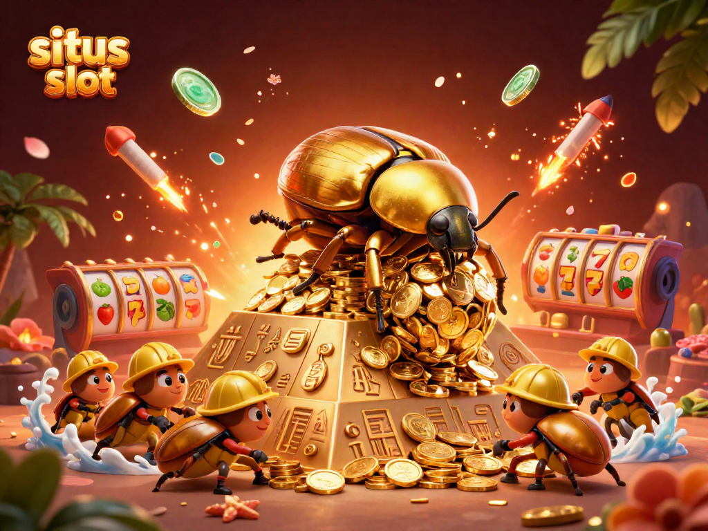 Experience the excitement of situs slot with cartoon beetles, golden coins, and vibrant casino symbols.