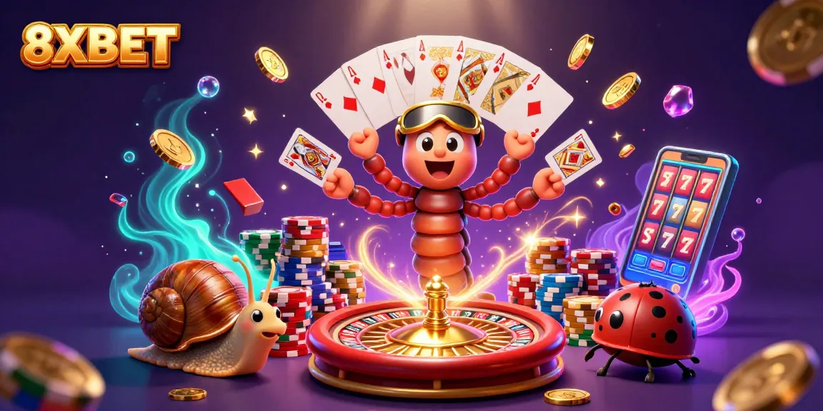Engage with 8XBET's thrilling casino environment showcasing excitement, cards, and colorful chips.