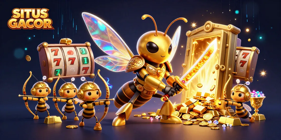 SITUS GACOR showcases thrilling gaming with a dynamic golden hornet samurai and vibrant casino elements.