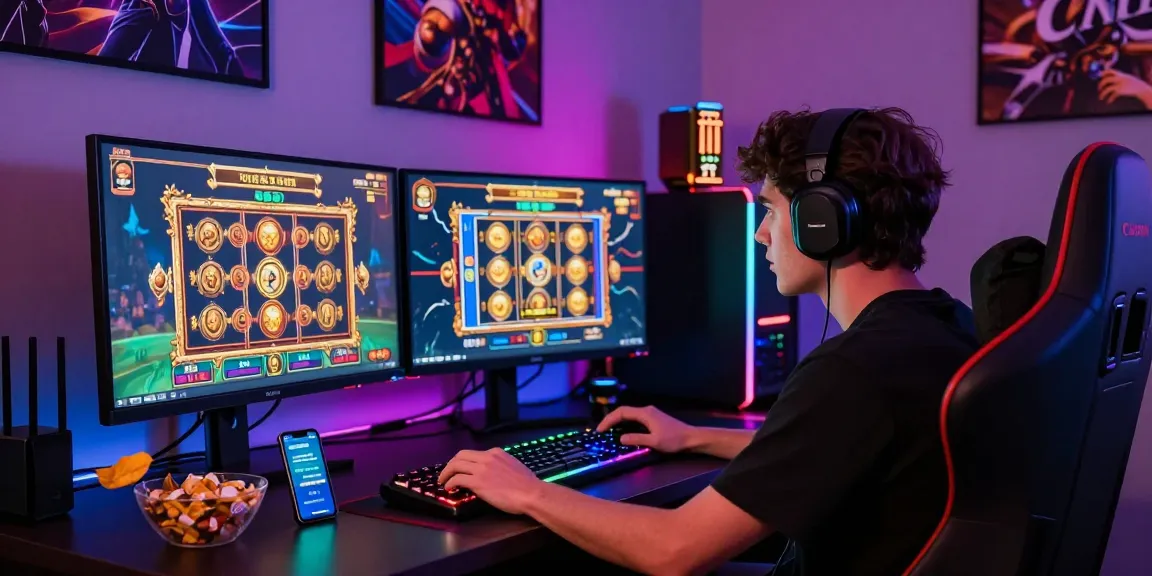 KUDALIAR89 dalam suasana permainan slot online yang menarik dengan efek LED dan peralatan gaming modern.