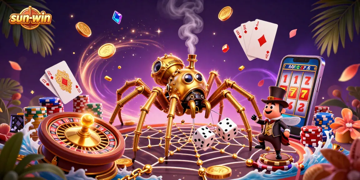 Experience the thrill of sun-win as a golden spider captures dice in a luxurious casino world.