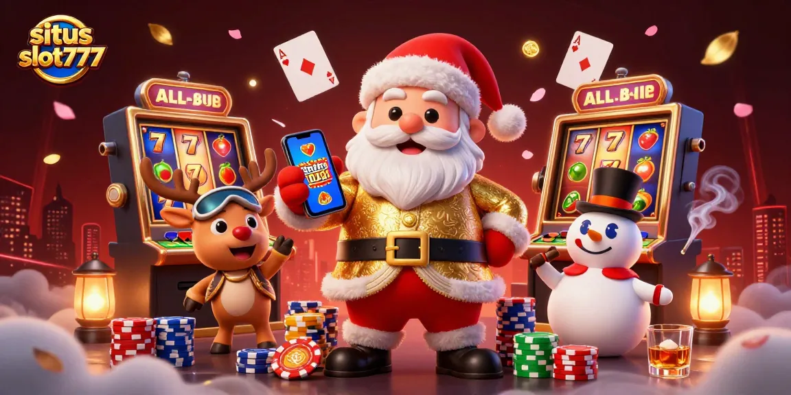 Engage with situs slot777's thrilling gaming adventure illustrated by a festive scene featuring Santa and friends.