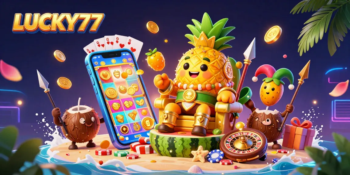 Join the fun at LUCKY77 with our vibrant 3D casino scene featuring a golden pineapple king and exciting gaming elements.