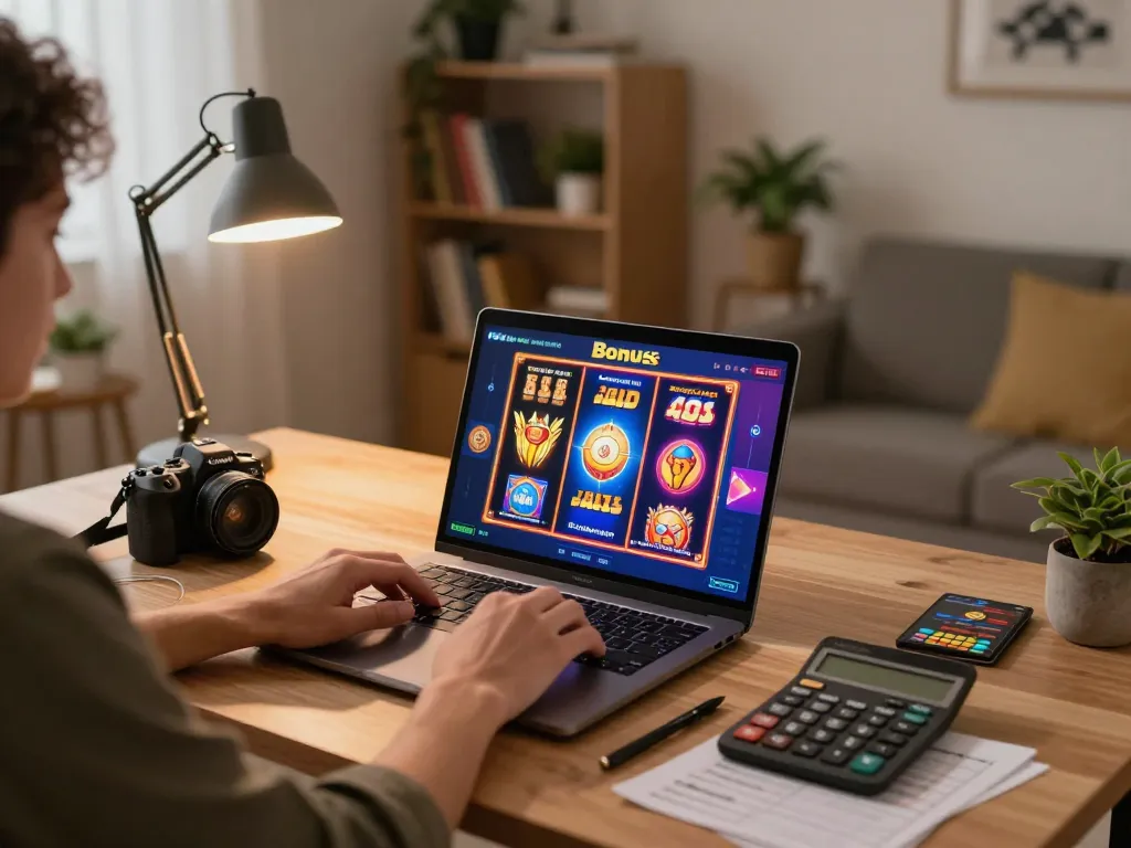 Engaging with slot bonus offers while using a laptop in a cozy home gaming setup.