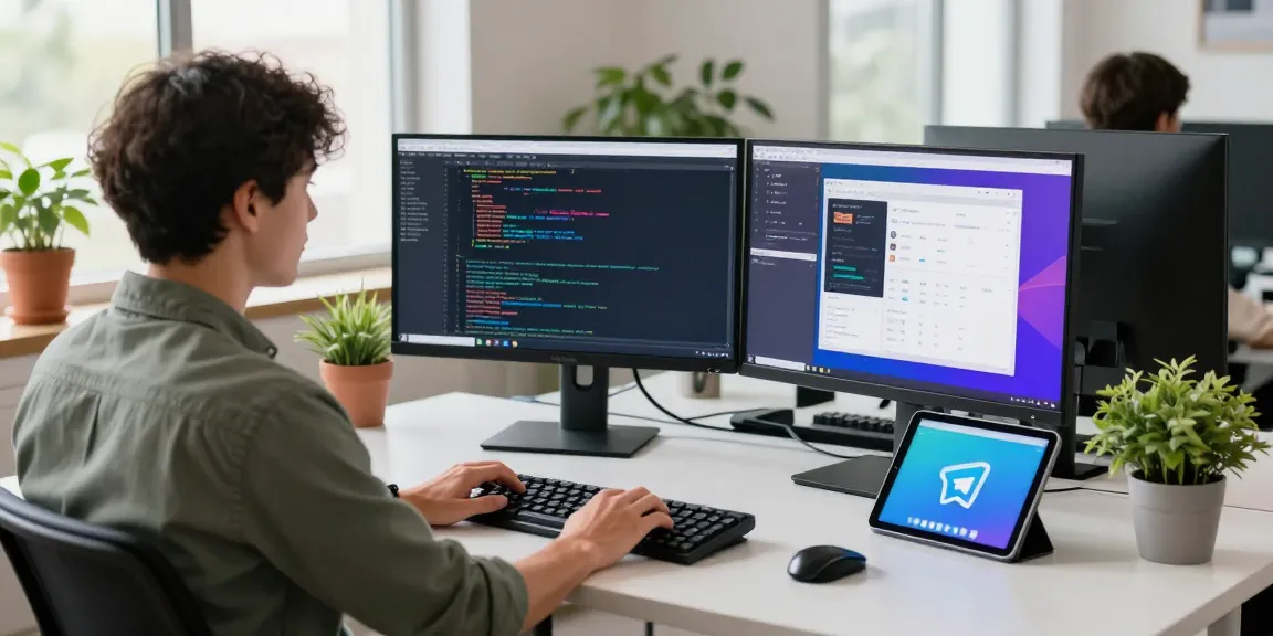 Developer working on 纸飞机中文版 application in a modern workspace with dual monitors and natural light.