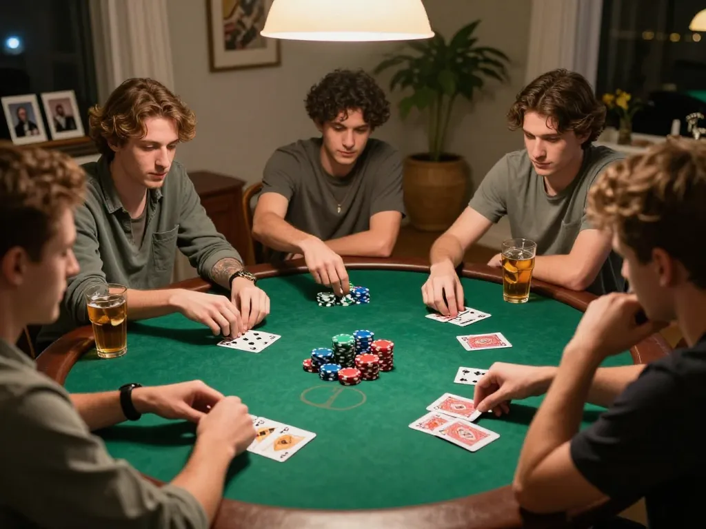 Friends enjoying an intense poker game at home, showcasing hit club thrills and strategy.