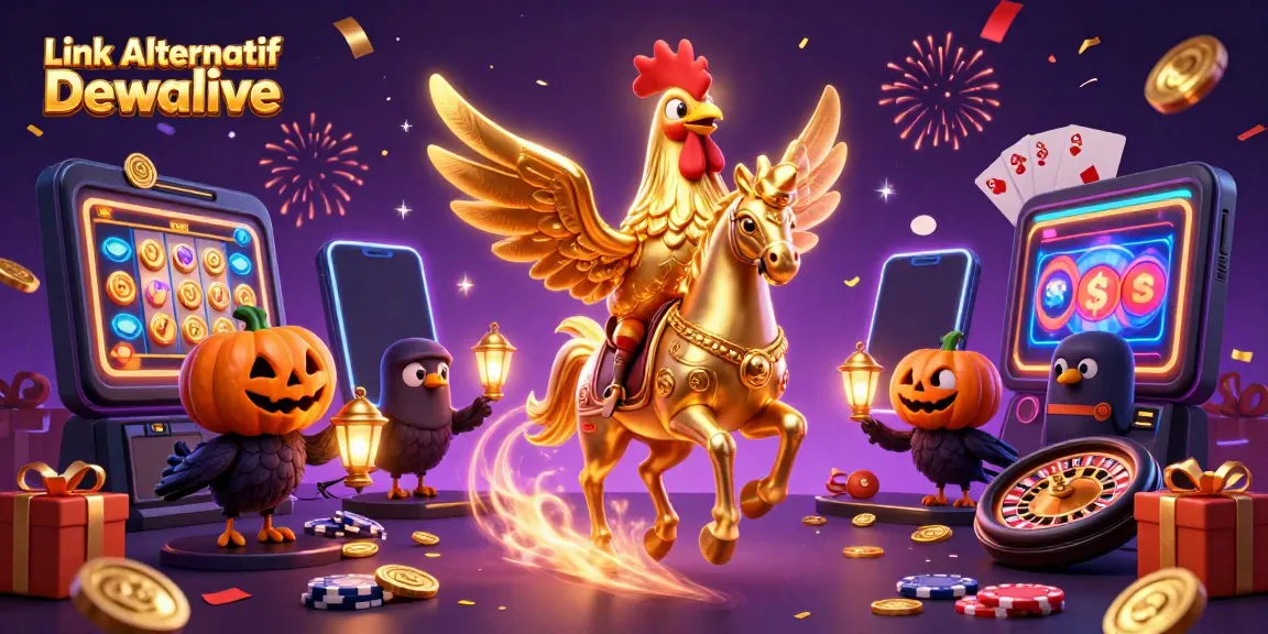 Engage with Link Alternatif Dewalive in a vibrant casino scene featuring a golden rooster and epic gaming elements.