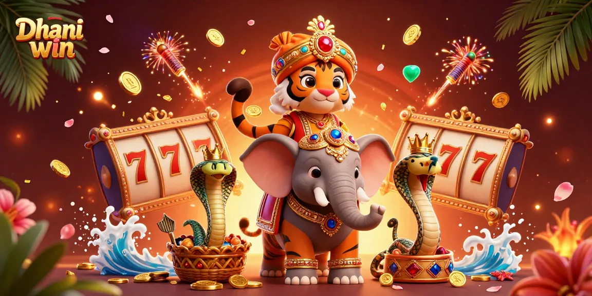 Dhani win's vibrant gaming scene showcases a tiger and elephant in a rich casino environment, spinning slot reels.
