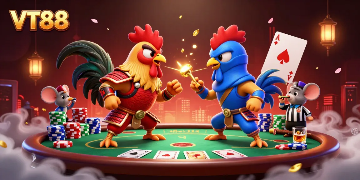 VT88 roosters in a standoff over a poker table, embodying dynamic gambling action.
