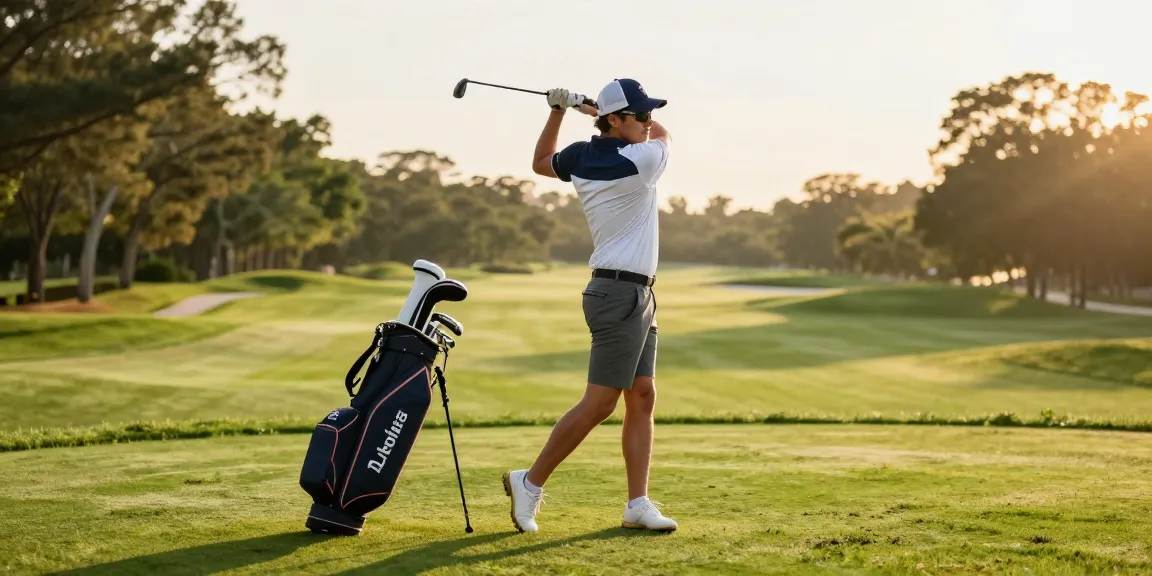 Golfer in stylish 골프웨어 레플리카 swinging clubs during golden hour on a beautiful fairway.