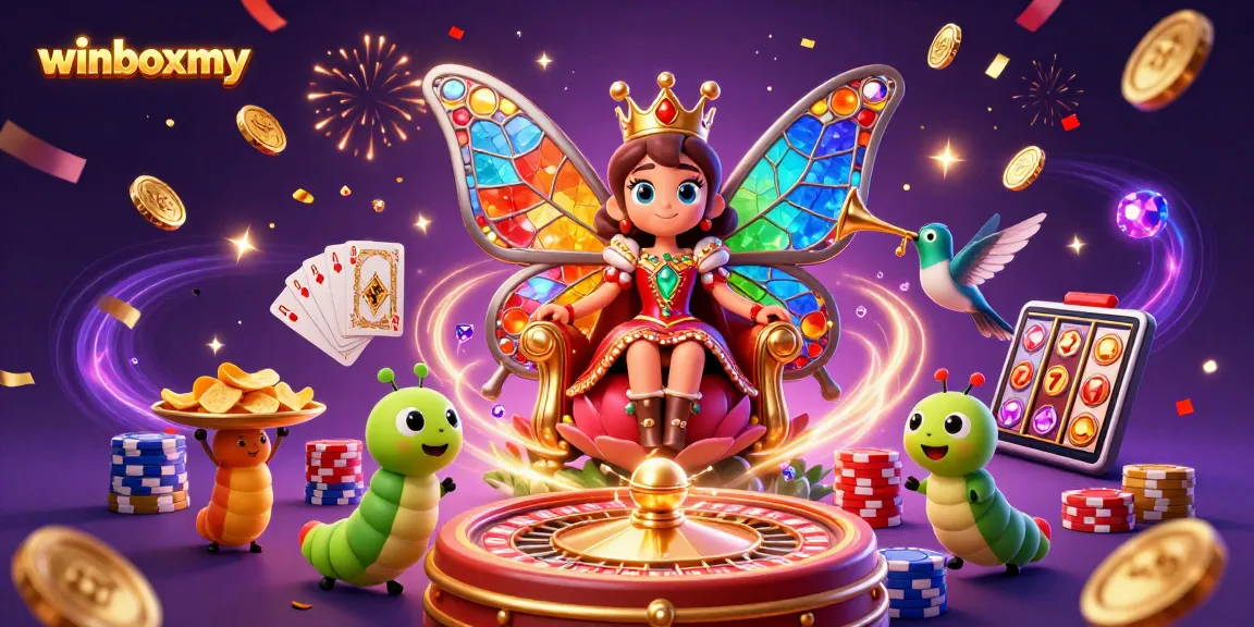 WinboxMY offers thrilling casino experiences, showcasing a 3D butterfly queen amidst vibrant gaming elements.