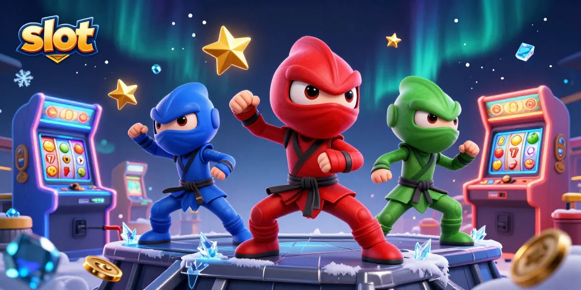 Spin and win big with slot symbols in a vibrant 3D illustration featuring ninja chameleons.