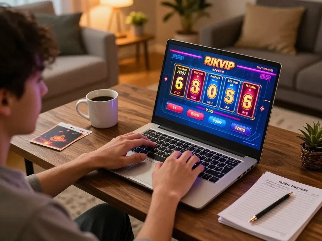 Engaging in RIKVIP online casino gaming with a laptop in a cozy home setup