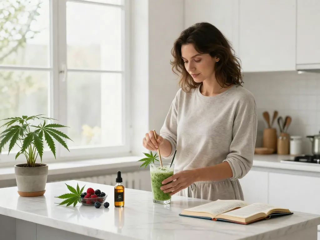 Buy shatter Canada in a vibrant wellness kitchen with CBD oil tinctures and organic ingredients.