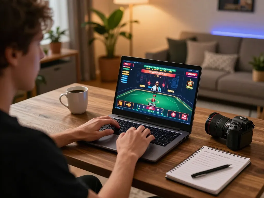 Engaging online gaming scene with a focus on Prediksi Jitu strategies being analyzed on a laptop
