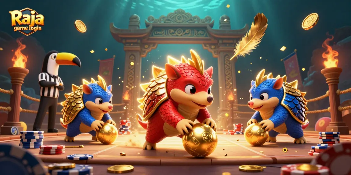Experience Raja game login with vibrant pangolins, poker chips, and dynamic action in this engaging scene.
