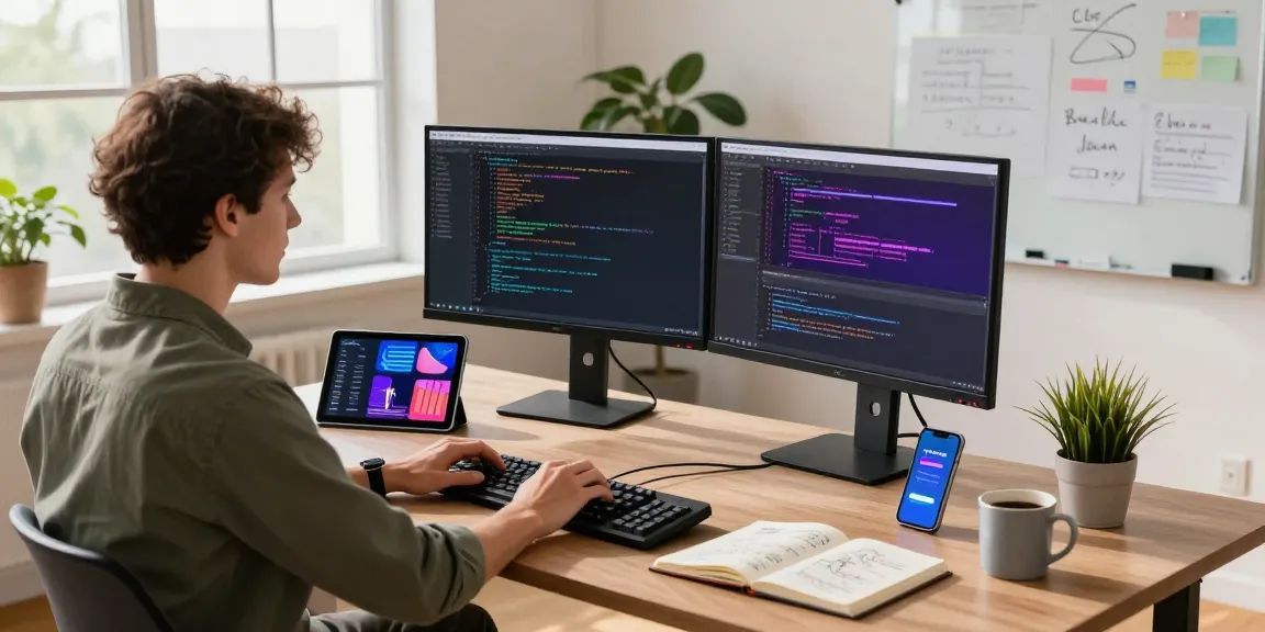 Developer coding in a modern workspace, showcasing the 纸飞机中文版 app design, emphasizing a creative technology environment.