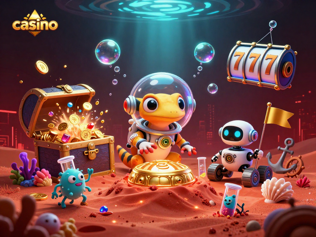 Join the Martian gecko at the casino, where colorful slot reels explode with coins!