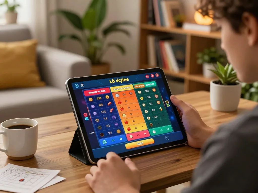 Engaging in lô đề trực tuyến gaming on a tablet at a cozy home setup, showcasing strategic betting interface.