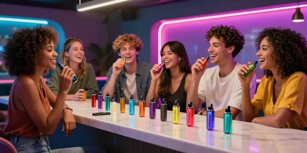 Friends enjoying Hitz infinity Gen 7 disposable vapes in a stylish lounge.