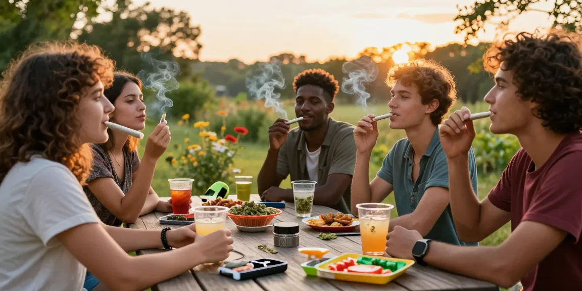 Friends enjoying ready to smoke weed pre-rolls in a beautiful outdoor picnic setting at sunset.