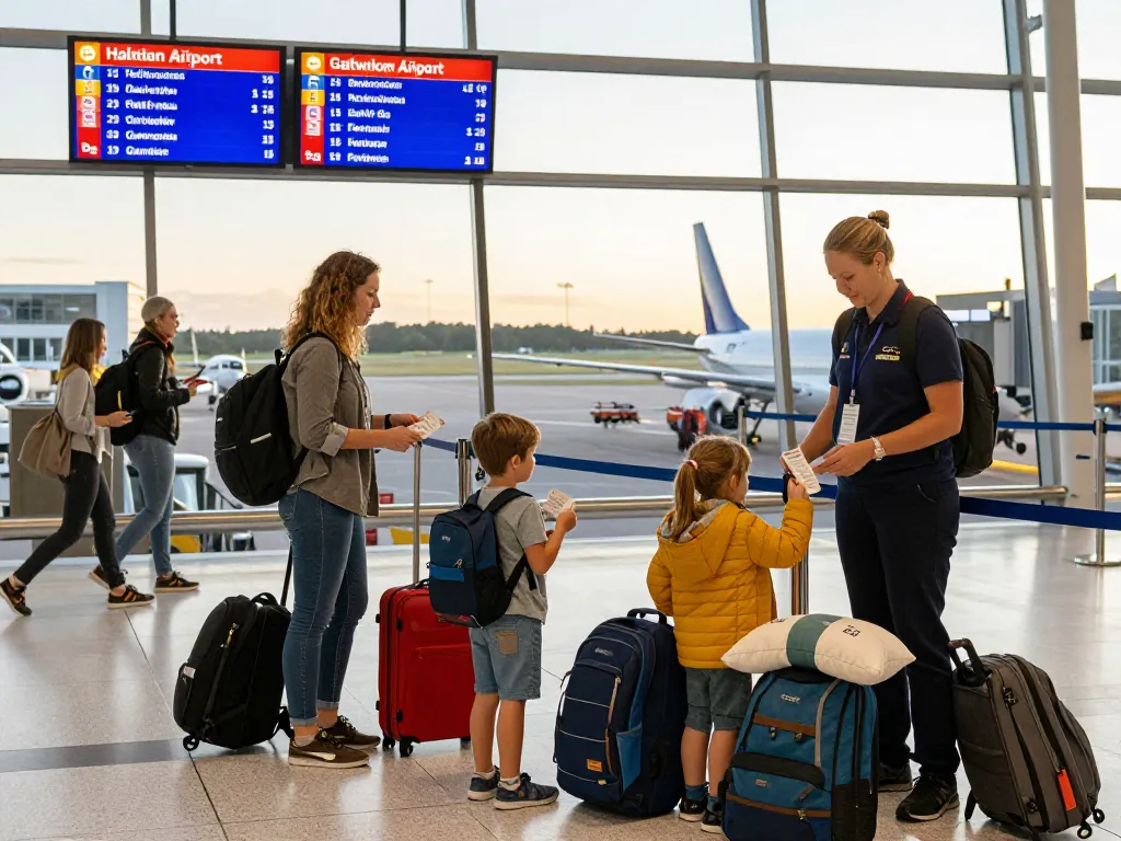 Excited family preparing for their trip to Gatwick Airport from Halifax at the airport terminal.