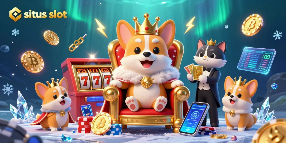 Spin and win at situs slot with a royal corgi on its throne amidst glowing crypto coins.