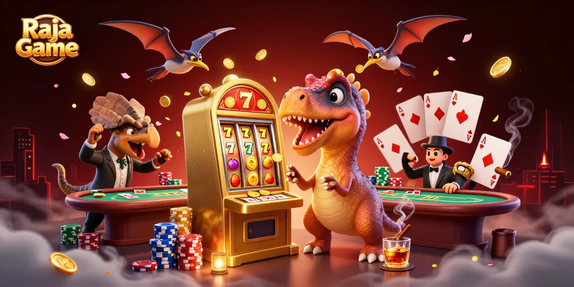 Raja Game showcases a cartoon dinosaur winning coins at a slot machine in a vibrant casino scene.