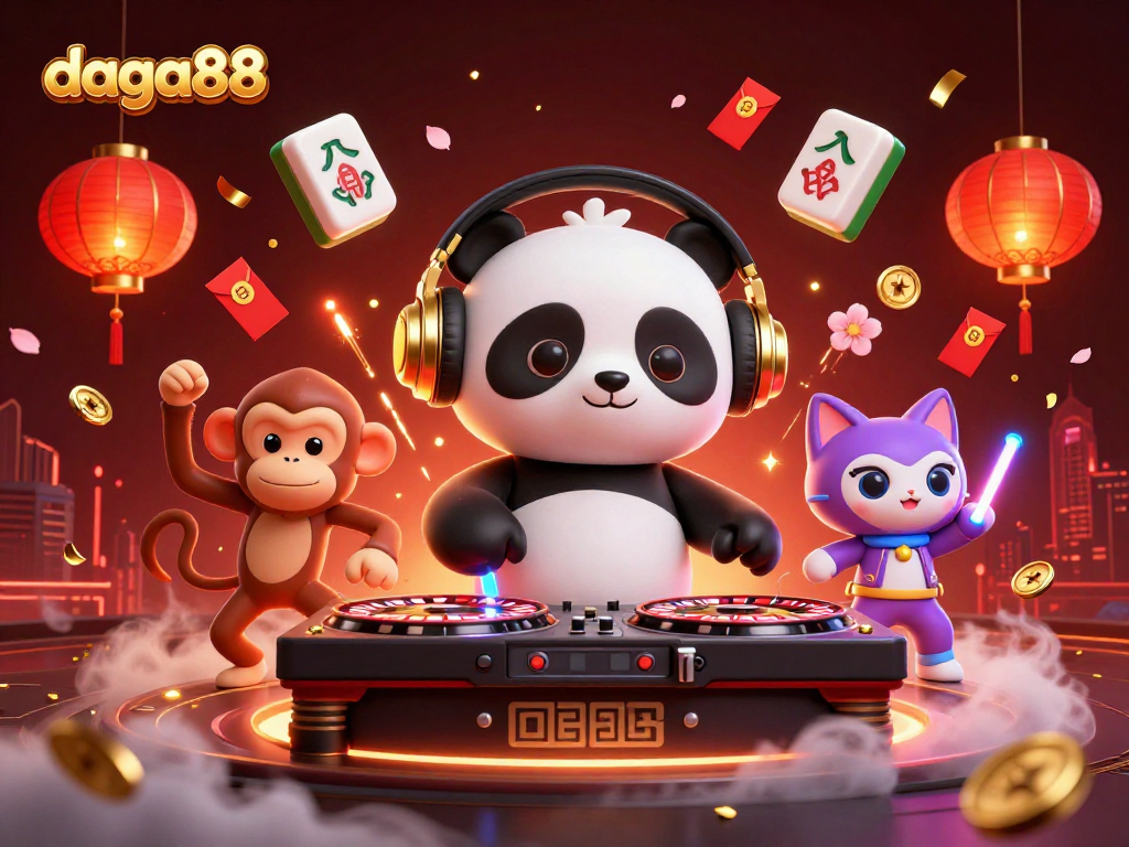Experience daga88 with exciting characters dancing and spinning reels in a vibrant casino illustration.