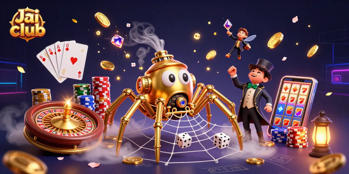 Engage with Jai club's thrilling gaming experience featuring a steampunk spider and Victorian fly in a vibrant casino setting.