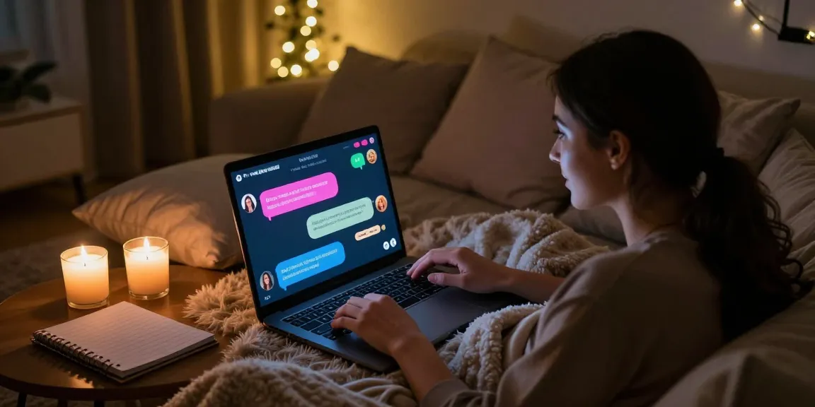 Couple engaging in playful sex ai chat on a laptop in cozy setting