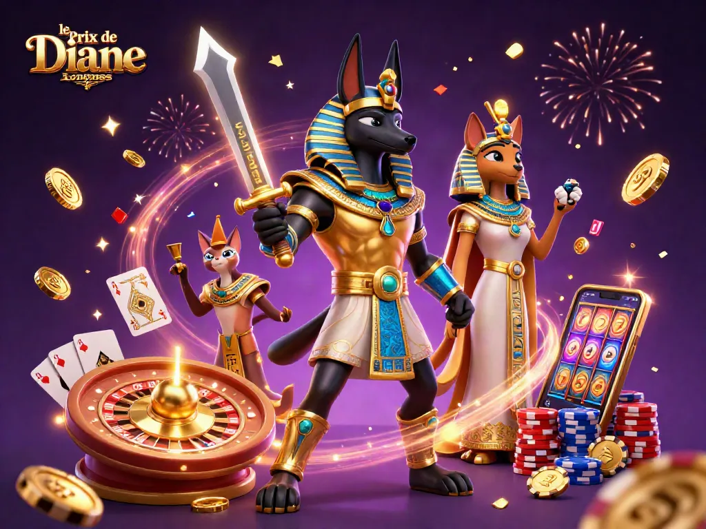 Engaging scene depicting le Prix de Diane Longines sur Betya with Anubis and Bastet amidst casino action.