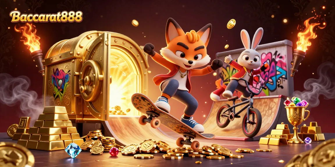 Baccarat888 showcases a dynamic scene with a skateboarder fox and BMX rabbit amidst gold and casino treasures.