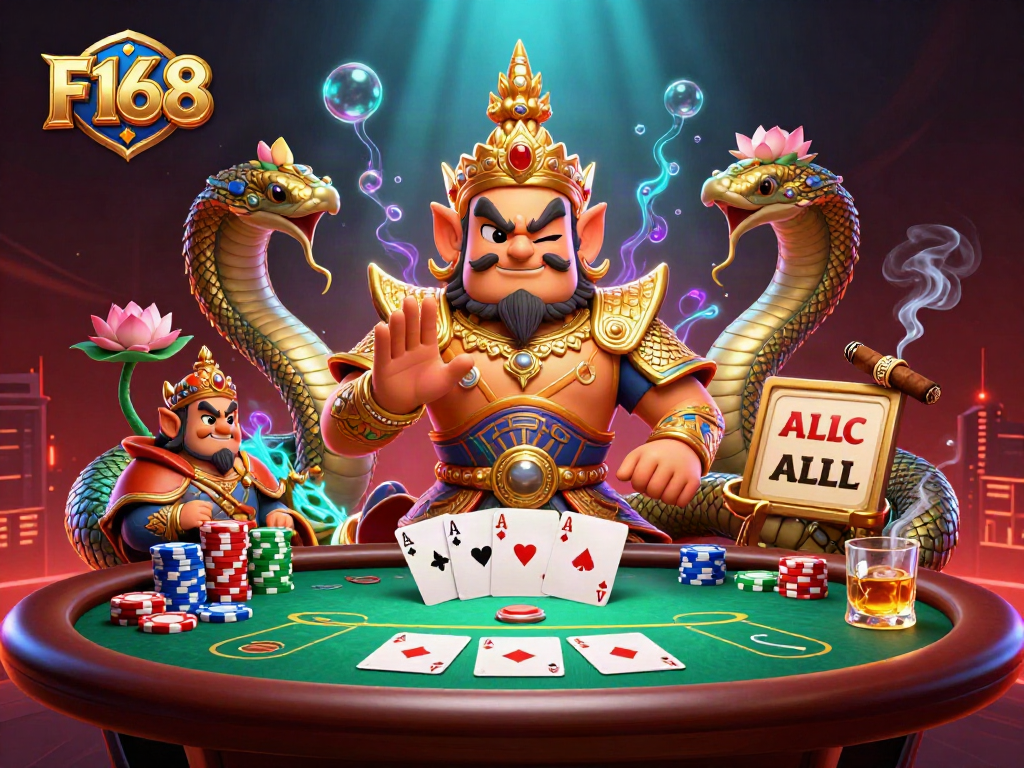 Experience thrilling poker action with F168 featuring vibrant characters and game elements in a stunning casino scene.
