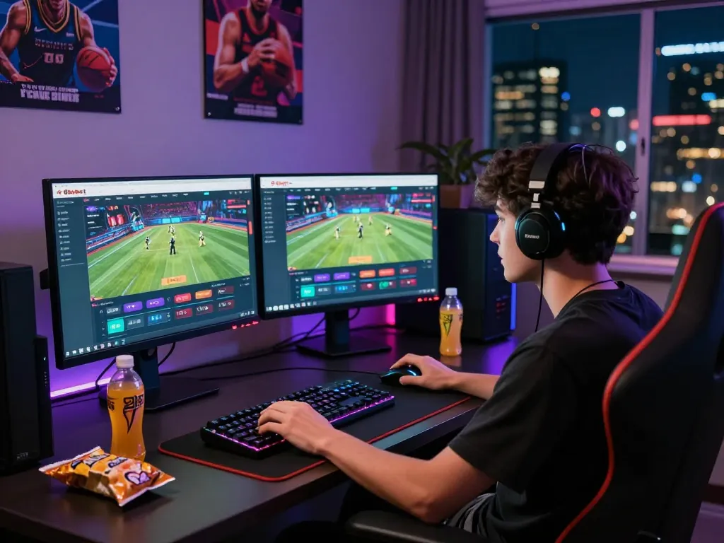 Excited player engaging in online sports betting on the 8kbet platform, illuminated desk with gaming accessories.