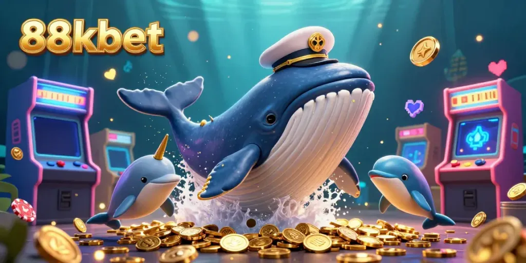 Experience the thrill with 88kbet; 3D whale, narwhal and dolphins celebrate in a sea of casino coins.