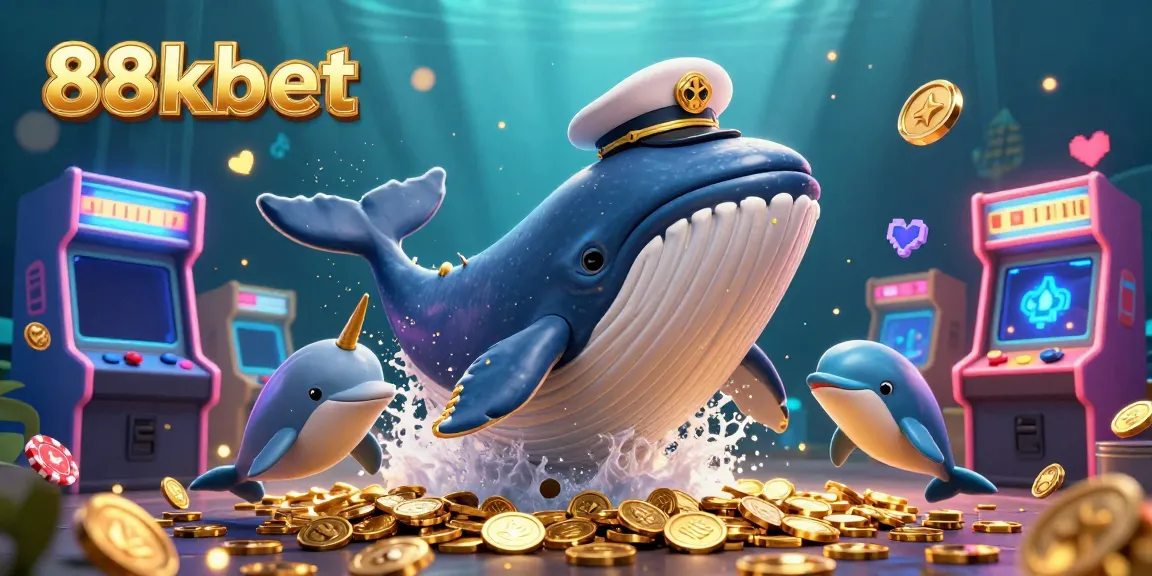 Experience the thrill with 88kbet; 3D whale, narwhal and dolphins celebrate in a sea of casino coins.