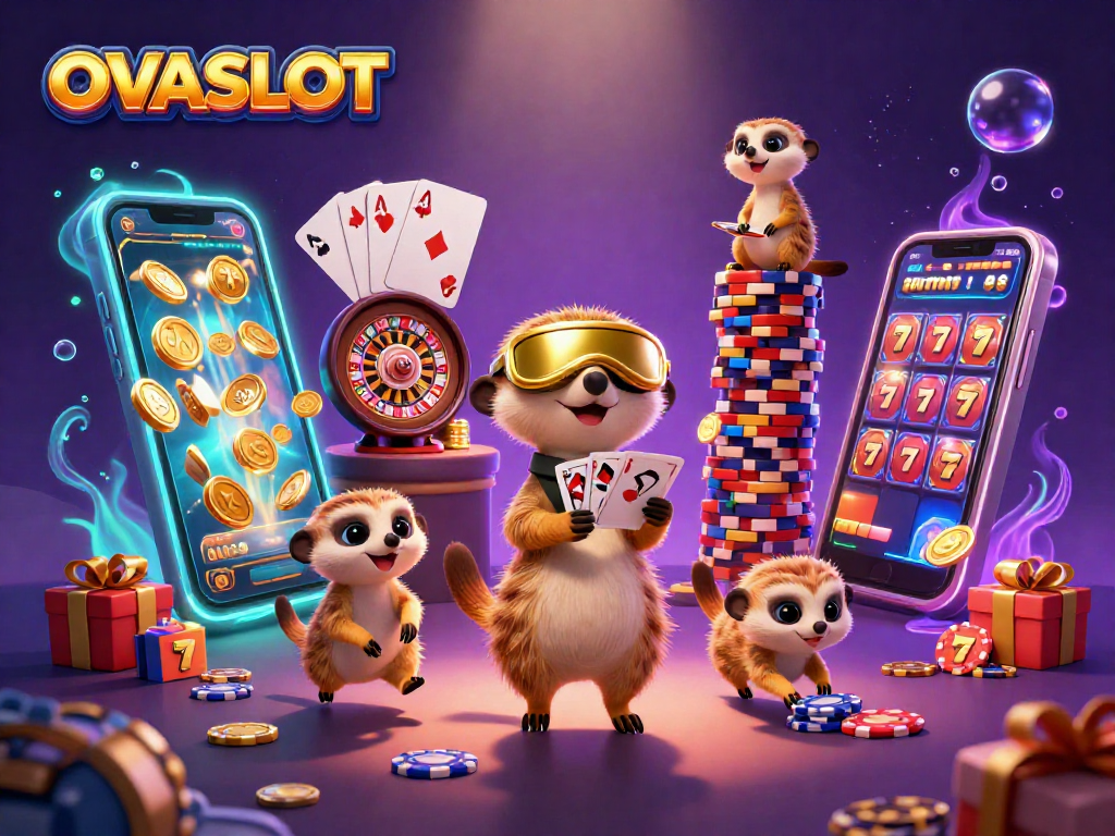 OVASLOT features meerkats managing a vibrant casino scene filled with games and excitement.