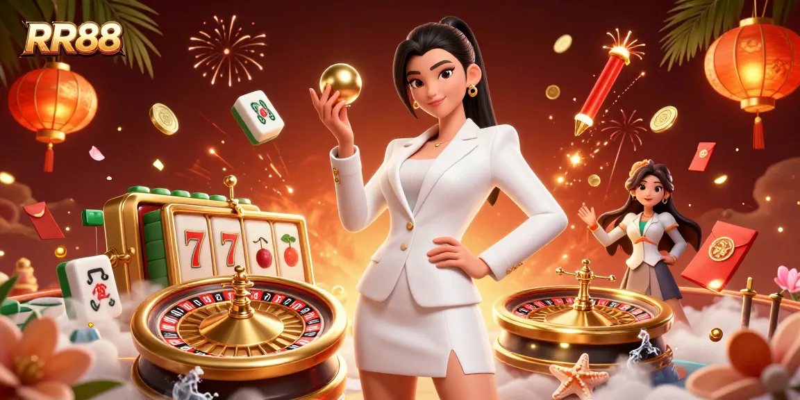 RR88 showcases a confident woman gambling at a vibrant casino, capturing the excitement of online gaming.