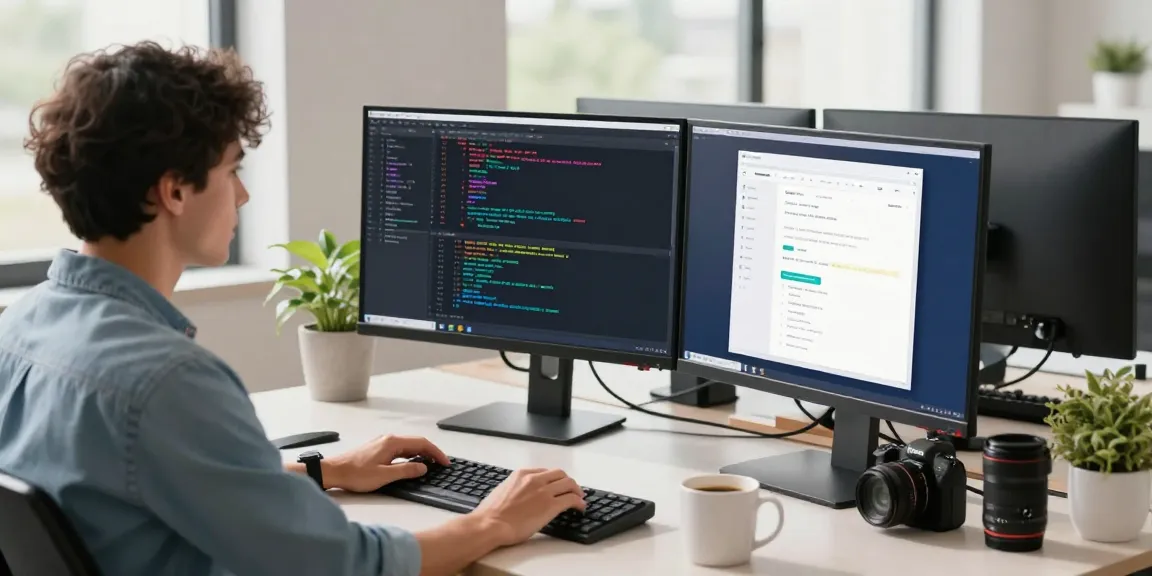 Workspace of a developer working on the 纸飞机中文版 with dual monitors and modern tech.