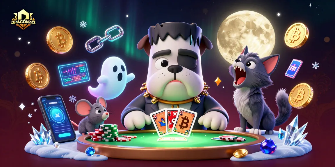 Engage with DRAGON222 at a high-stakes casino table with ghostly charm and vibrant crypto elements.