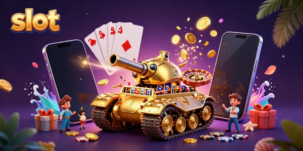 Slot-themed 3D illustration of a golden beetle tank revealing a miniature casino, rich in colors and activity.