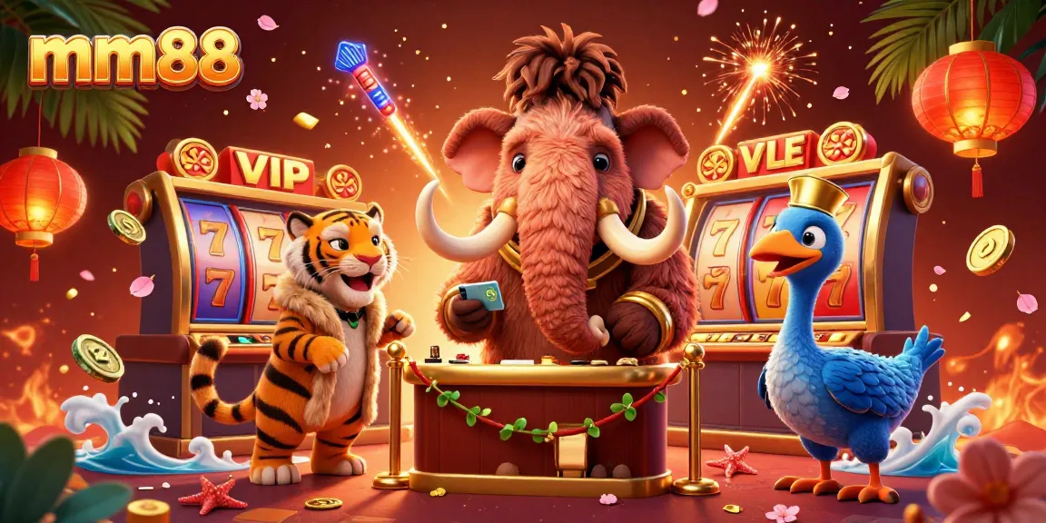 Spin the reels at mm88 with a lively scene of characters and casino elements.