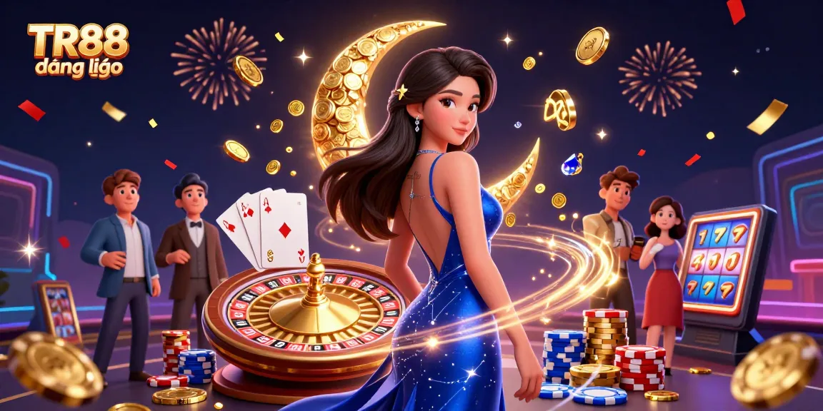 Experience TR88 đăng nhập with a vibrant casino scene, showcasing a dynamic Asian woman in blue.