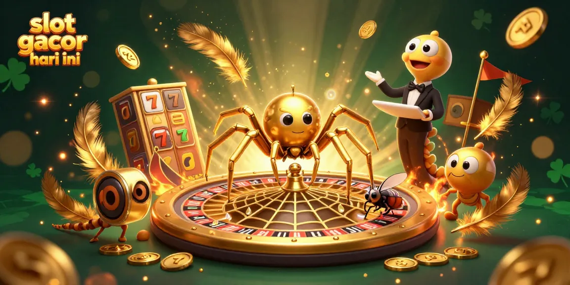 Slot gacor hari ini memperlihatkan laba-laba emas dan lipan dengan roda roulette yang berkilauan.